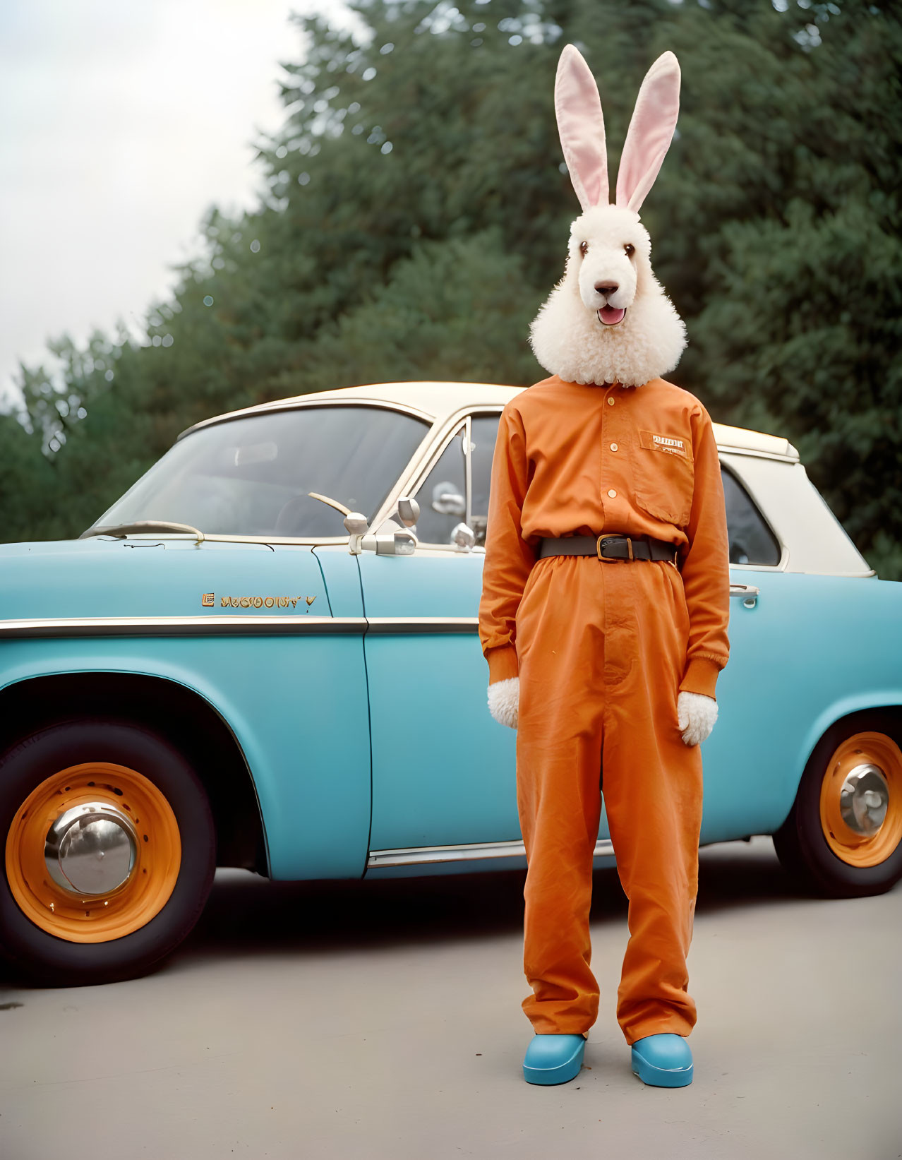 Person in Orange Jumpsuit with Rabbit Head Mask by Vintage Blue Car