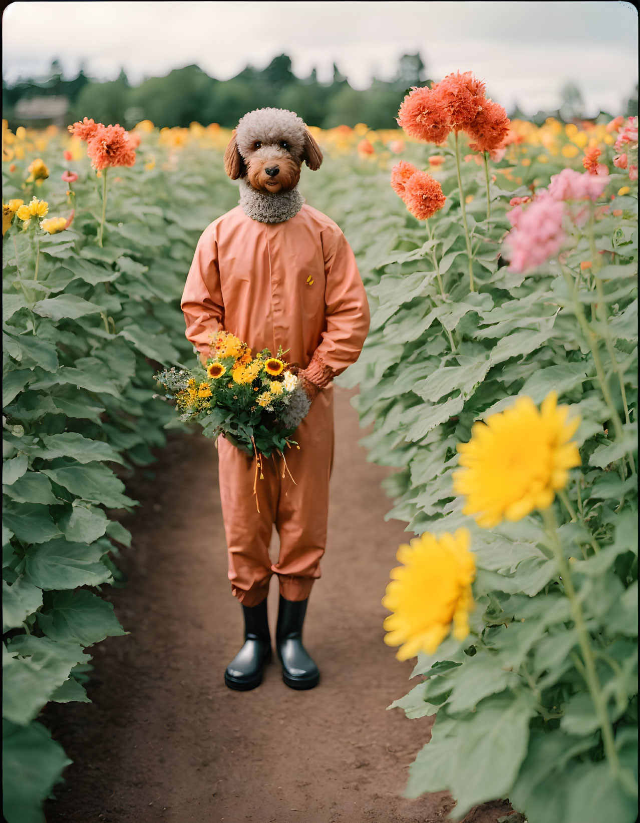 Person in Tan Jumpsuit with Dog Mask in Sunflower Field