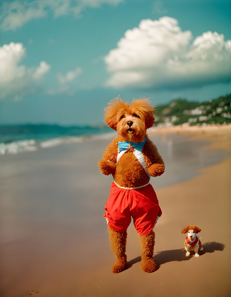 Dog in red shorts and bow tie on beach with toy companion