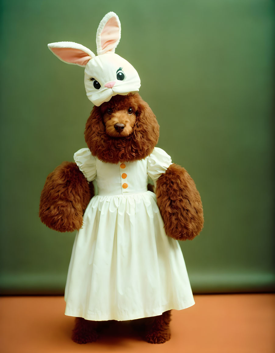 Brown Poodle Dog in White Dress and Bunny Hat on Green Background