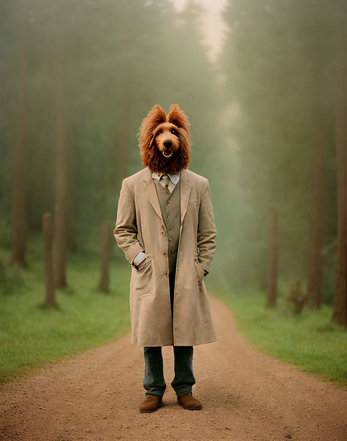 Human with Dog Head in Long Coat on Misty Forest Path