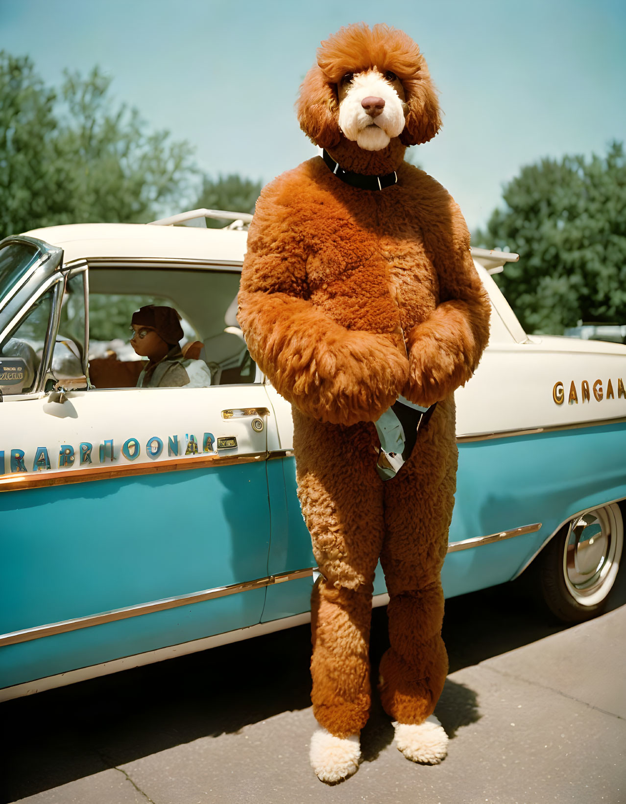 Person in Full-Body Bear Costume with Vintage Car on Clear Blue Skies