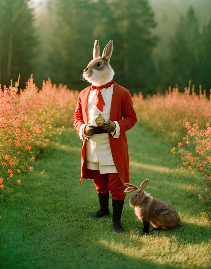 Anthropomorphic rabbit with pocket watch beside smaller rabbit in nature.