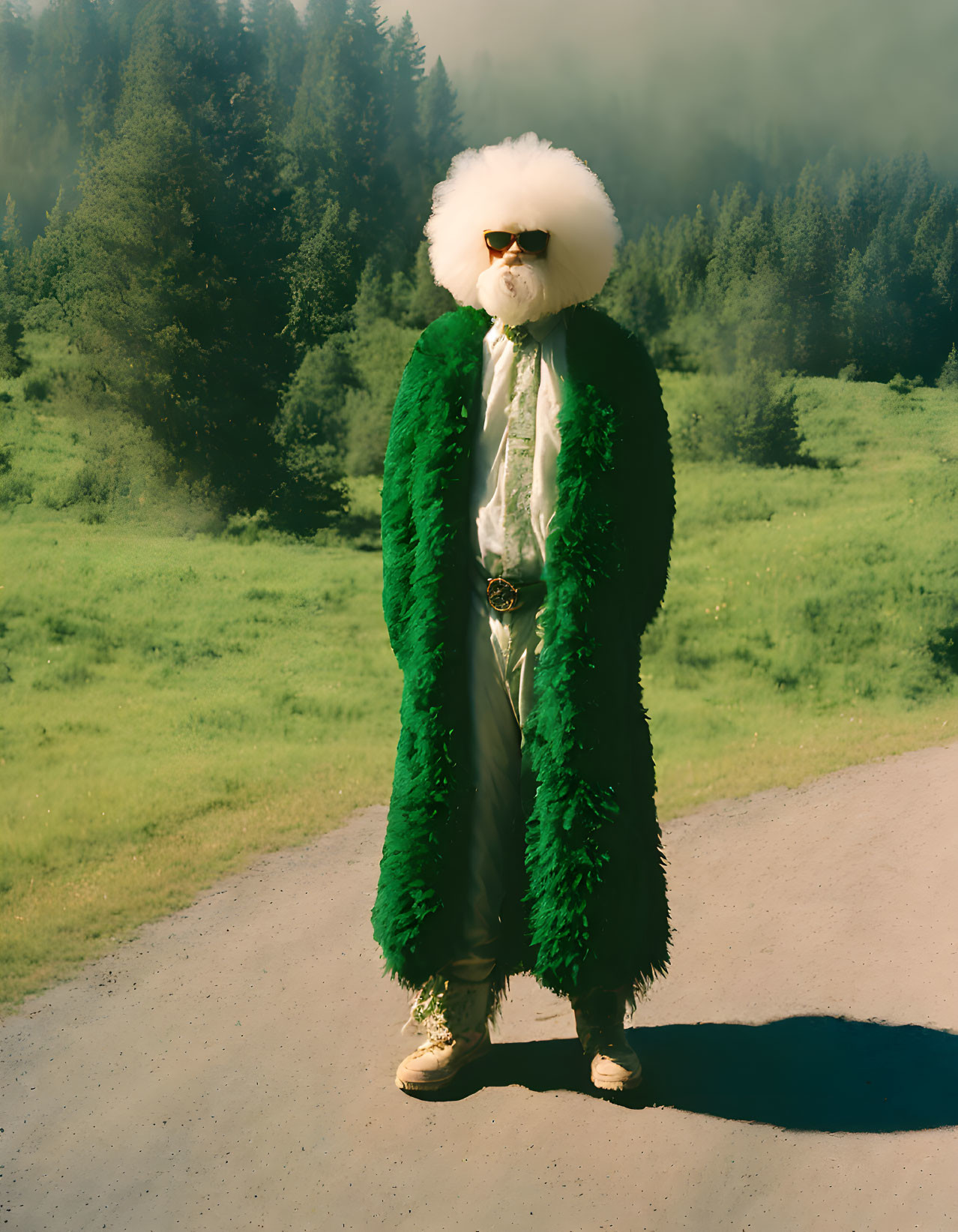 Elaborate Costume with White Headpiece and Green Coat on Dirt Path