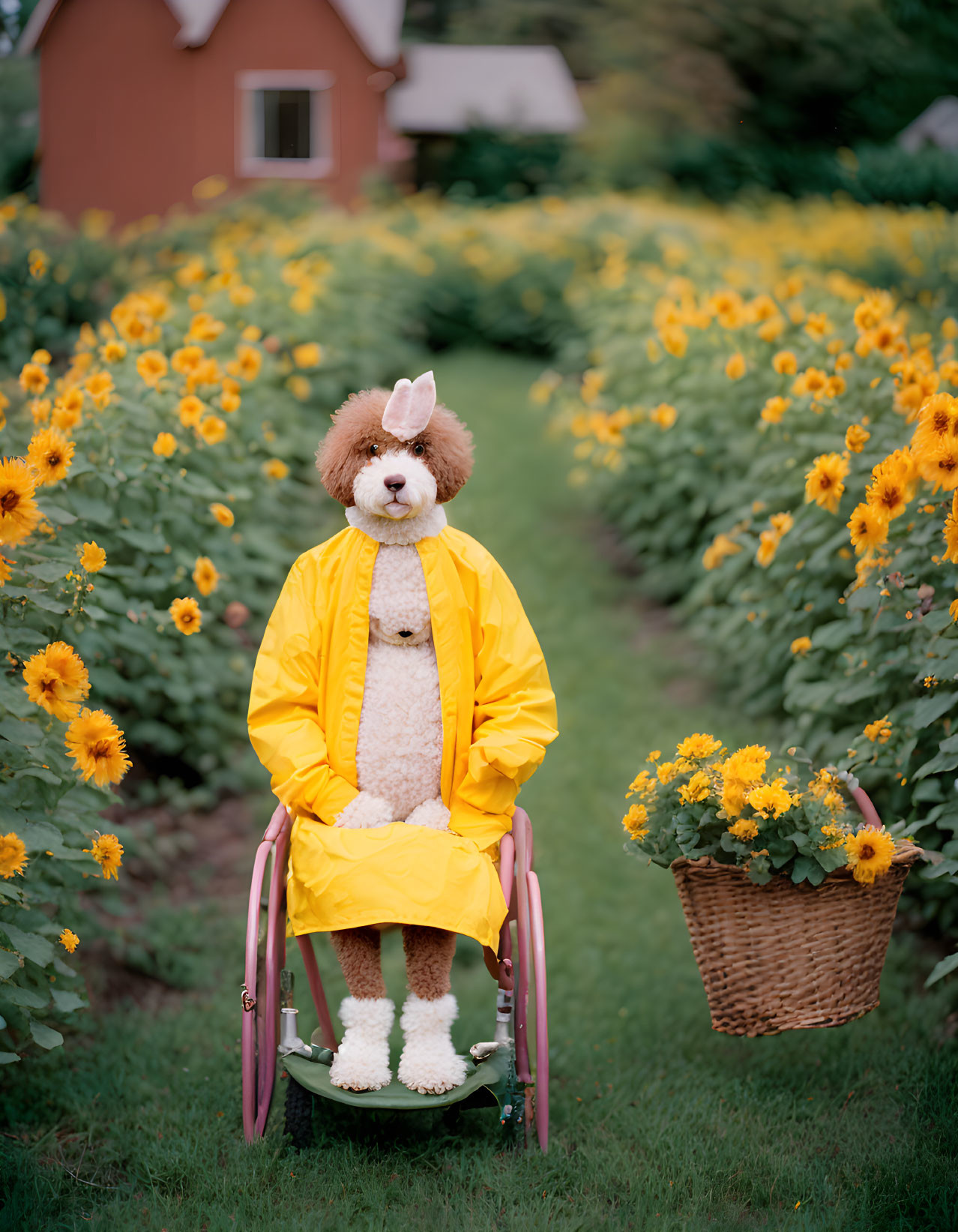 Yellow raincoat poodle in pink wheelchair surrounded by sunflowers and flowers basket