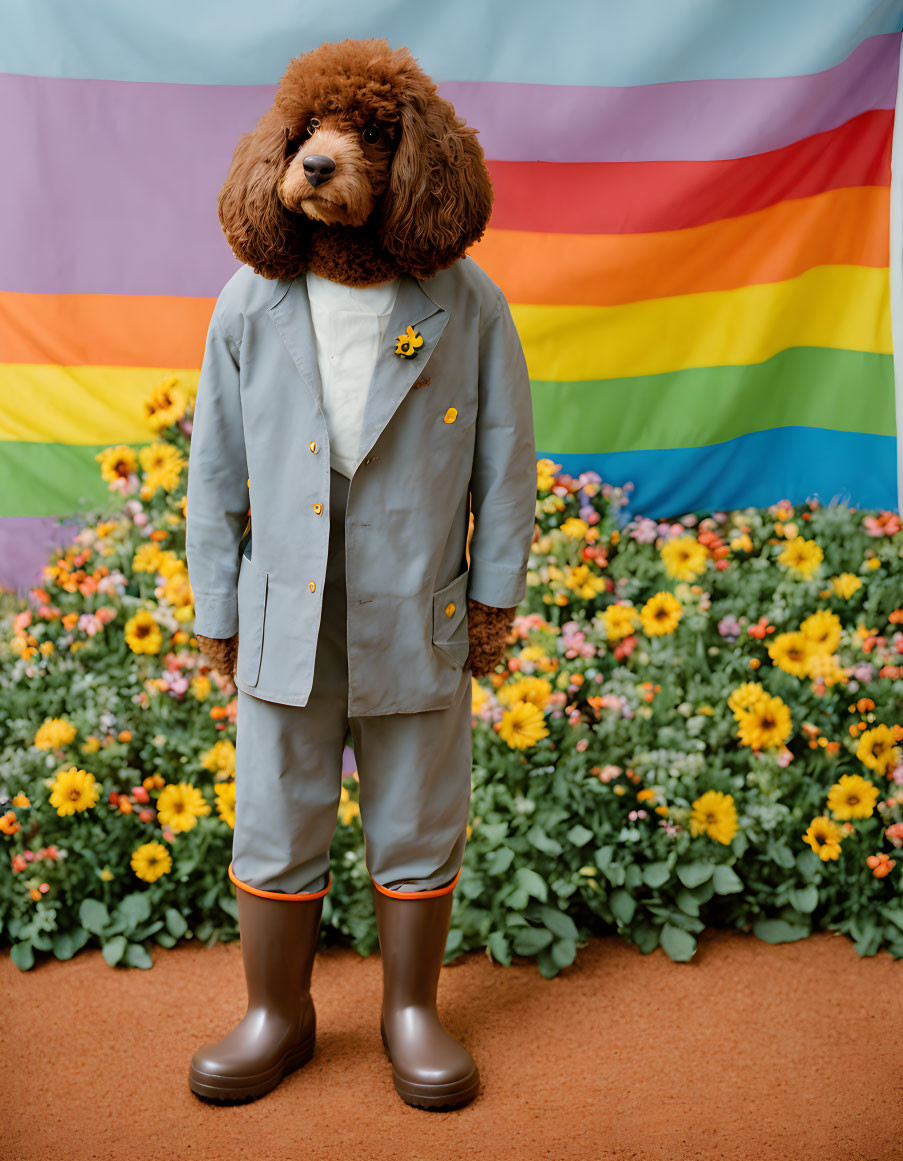 Brown Poodle in Blue Suit on Rainbow Flag Background