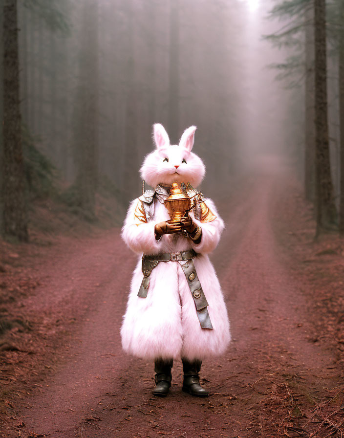 Person in Rabbit Costume with Lantern in Foggy Forest wearing White Fur Suit