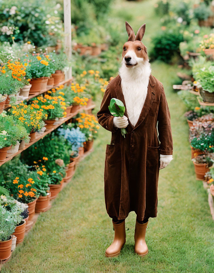 Person in realistic dog costume with brown robe and yellow boots among vibrant flower pots holding green leaf