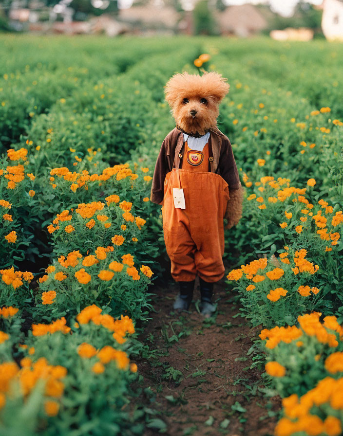 Dog with Teddy Bear Head in Orange Overalls Surrounded by Marigold Flowers