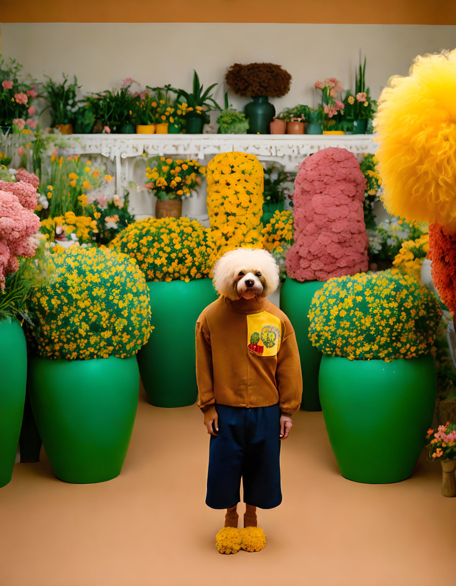 Surreal indoor garden with person and teddy bear head