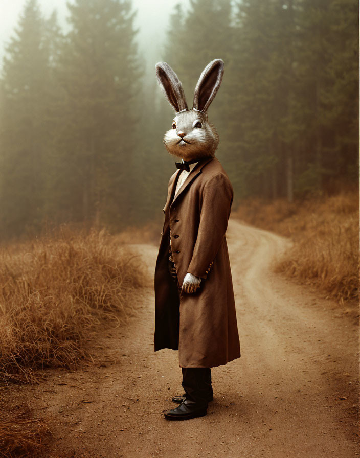 Person in Long Coat with Rabbit Head Mask on Misty Forest Road