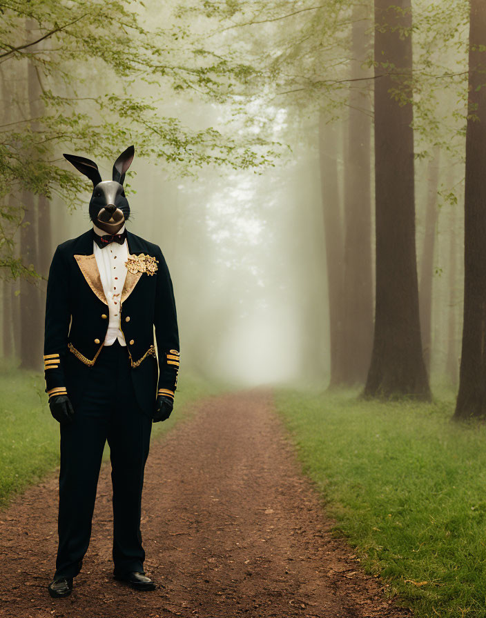 Formal suit with military-style decorations and rabbit mask in misty forest path