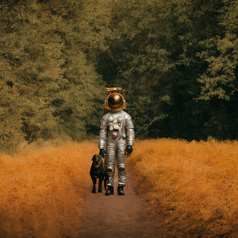 Vintage Space Suit Astronaut Walking with Black Dog in Autumn Forest