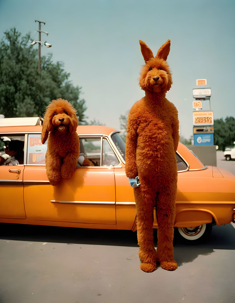 Person in full-body dog costume with poodle on vintage yellow car at gas station