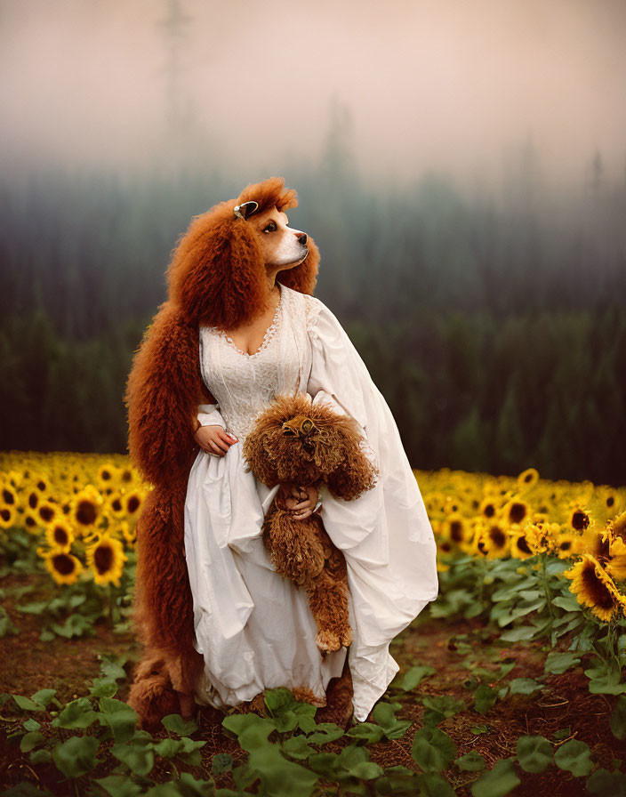 Woman in White Dress with Dog Mask Holding Poodle in Sunflower Field