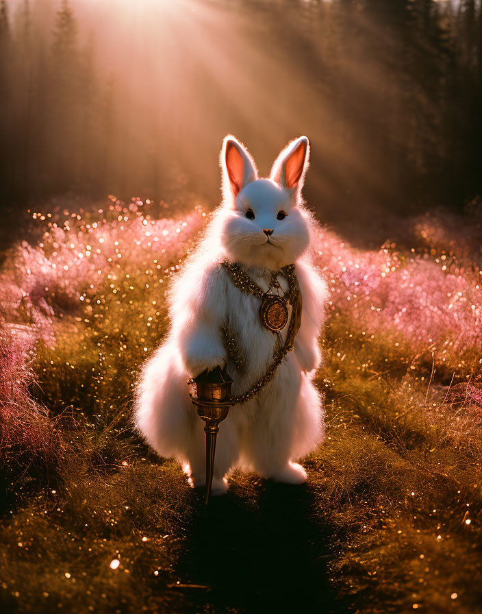 Fluffy white rabbit with lantern in mystical forest