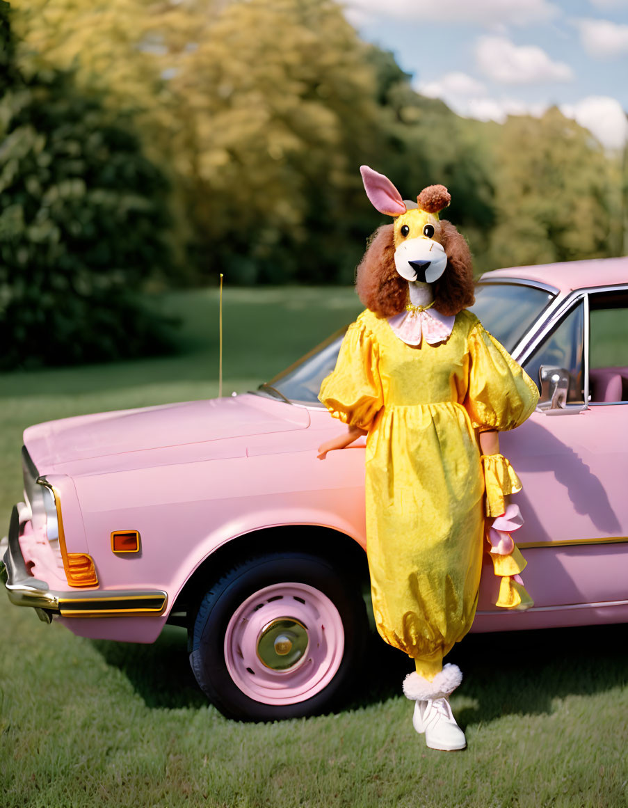 Whimsical brown bunny costume with yellow dress beside pink vintage car