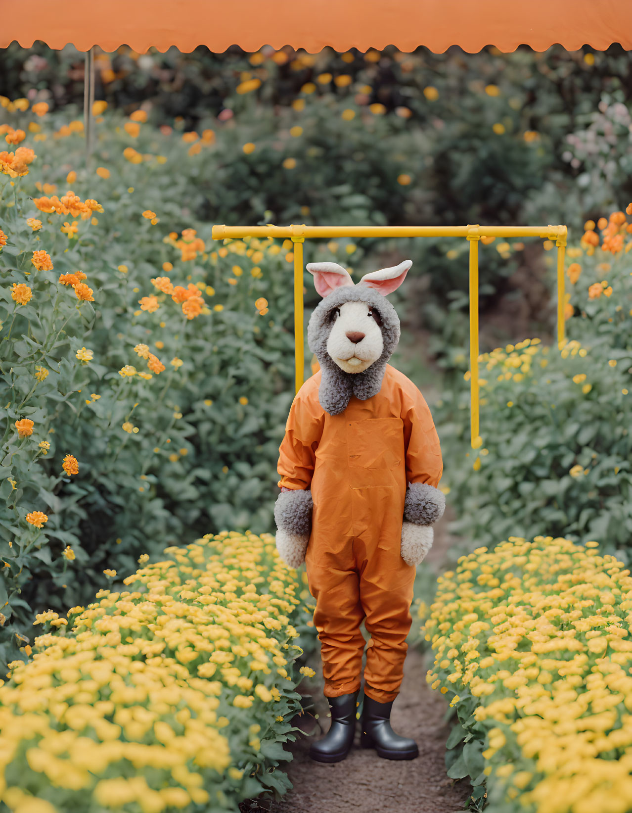 Person in Rabbit Costume Surrounded by Yellow Flowers with Frame