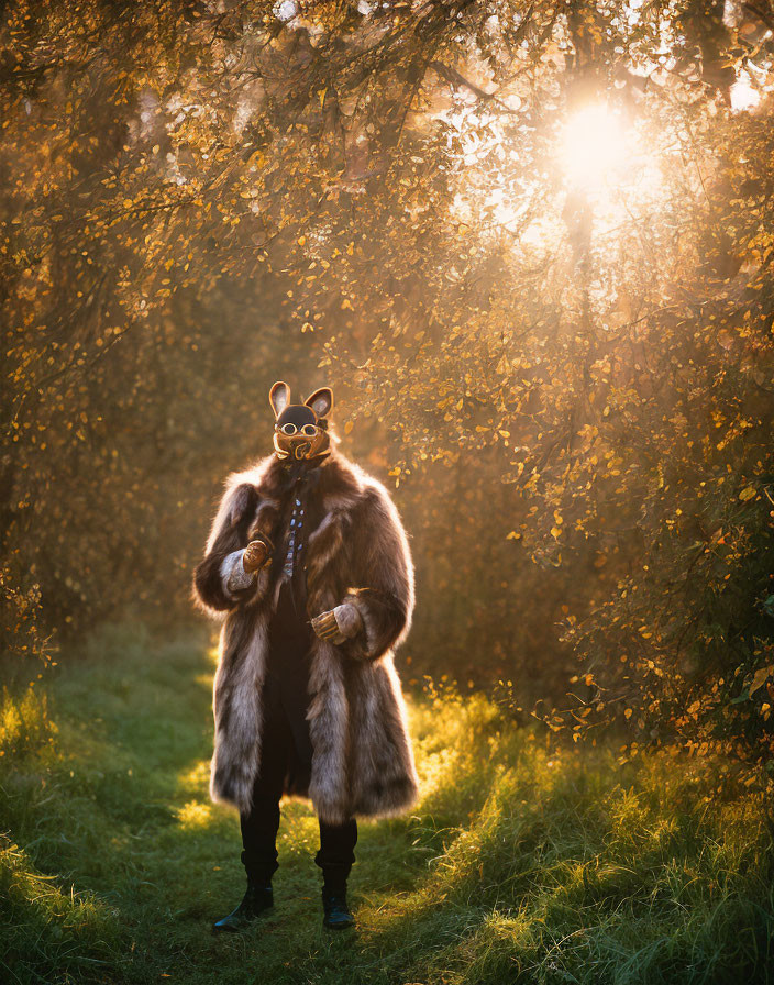 Person in Furry Coat and Animal Mask in Sunlit Forest