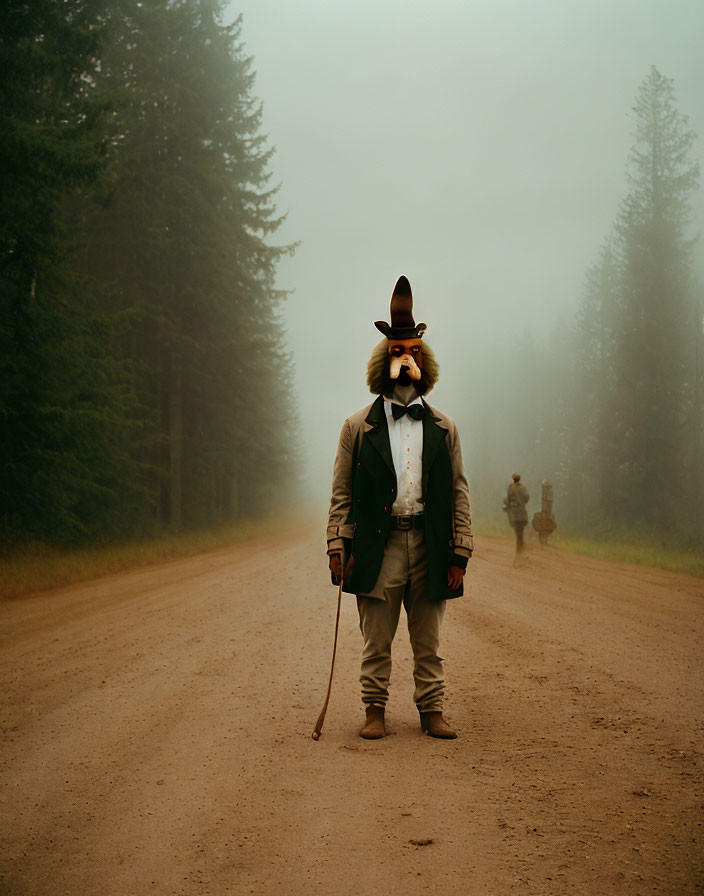 Vintage Attire Figure with Animal Mask on Foggy Forest Road