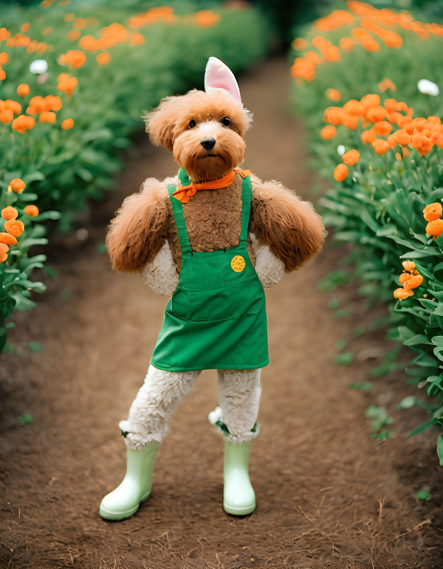 Person in dog costume with green jumper and wellington boots among orange flowers