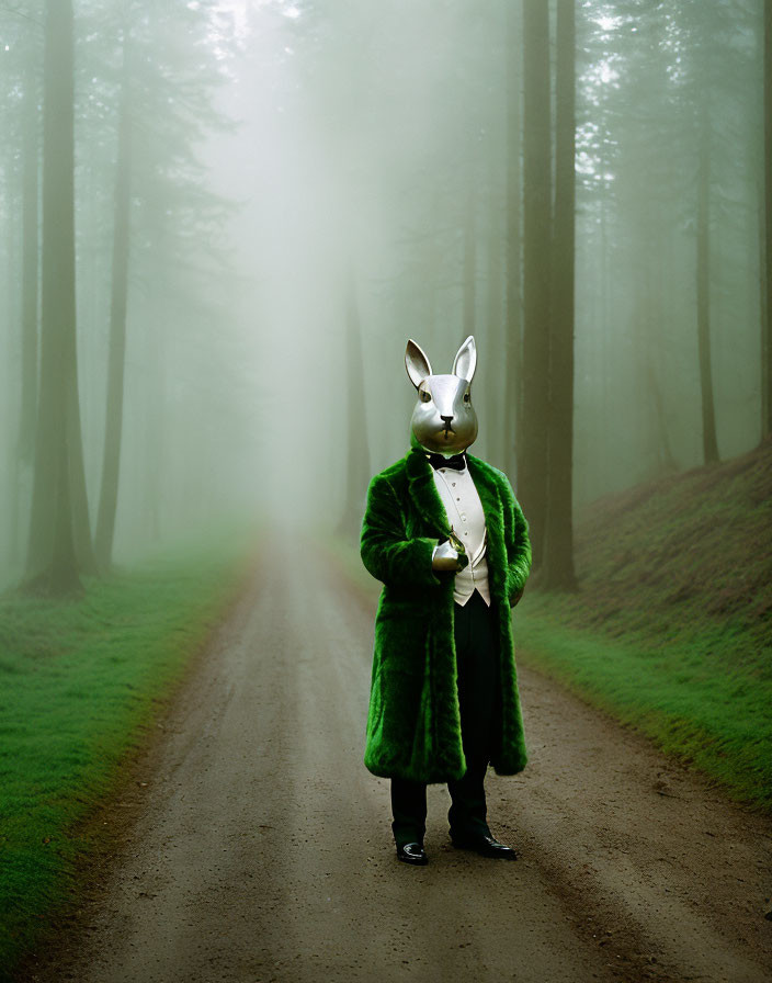 Person in Rabbit Mask on Foggy Forest Path in Green Coat and Black Pants