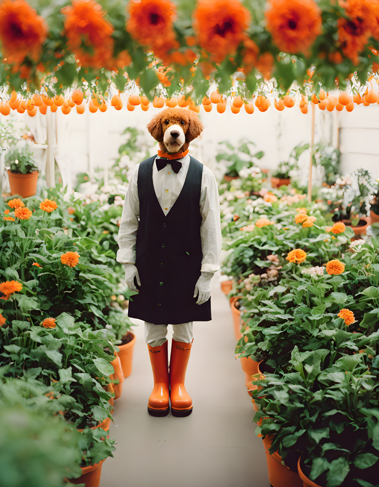 Person in Teddy Bear Mask Surrounded by Marigold Plants in Greenhouse