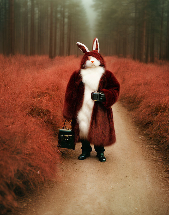 Humanoid figure in rabbit costume with briefcase on forest path surrounded by red foliage