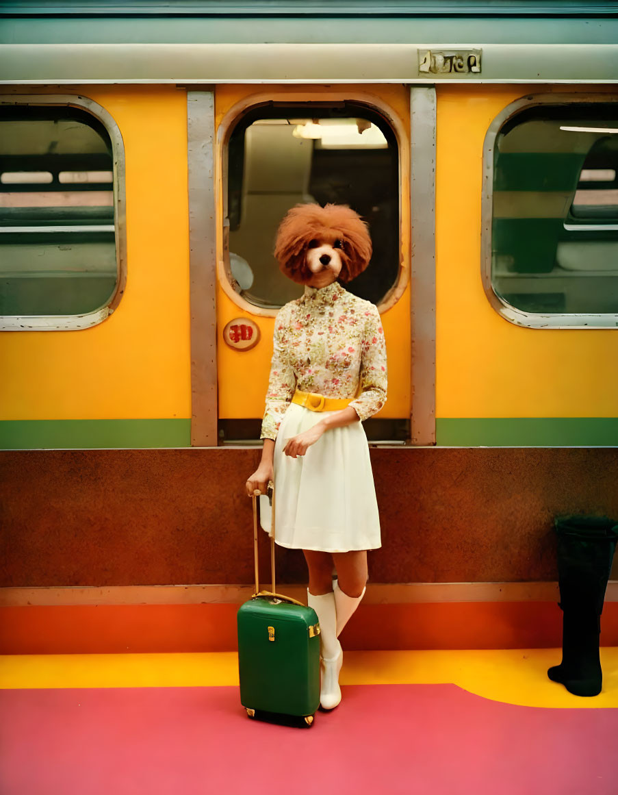 Person in Lion Mask with Green Suitcase by Train