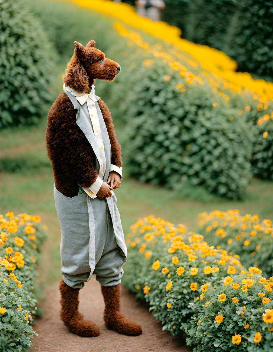 Person in Dog Costume Standing Among Yellow Flowers in White Shirt and Grey Pants