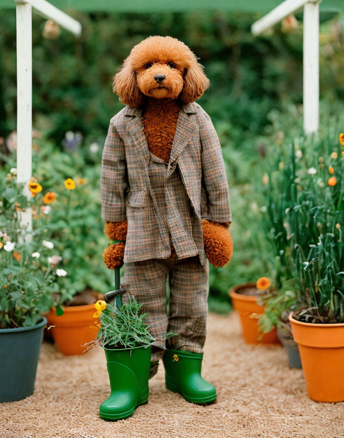 Plaid-suited Teddy Bear Toy in Green Boots Garden Scene