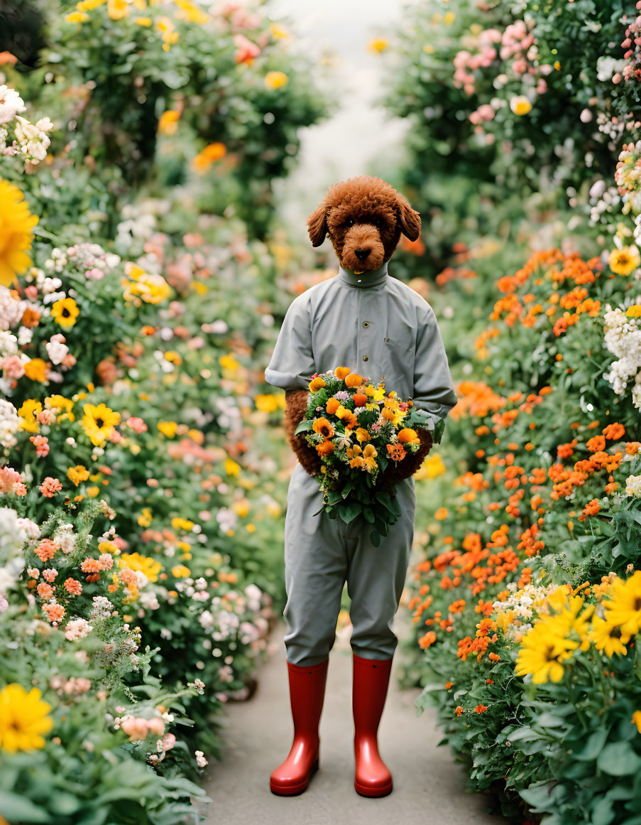 Person in Gray Jumpsuit with Teddy Bear Head Holding Flowers in Flower Field