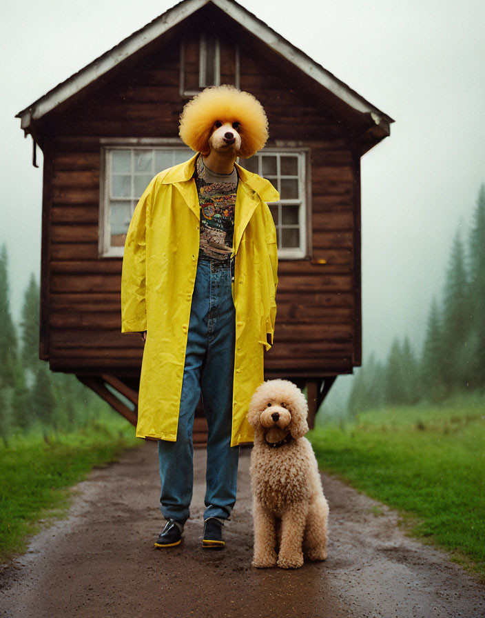 Person in Dog Head Mask with Poodle and Wooden House