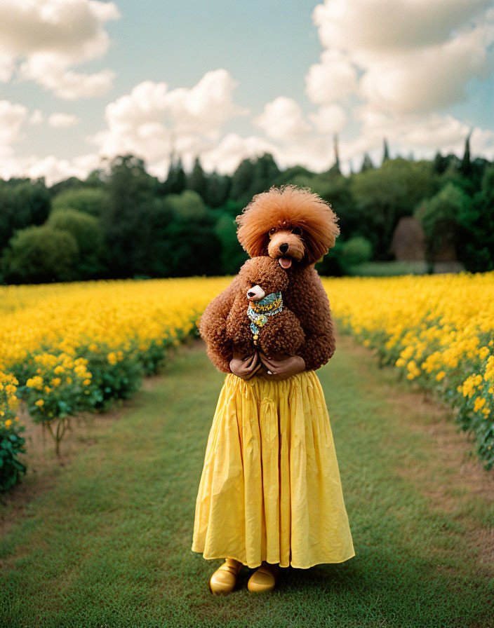 Person in Yellow Skirt with Teddy Bear in Yellow Flower Field