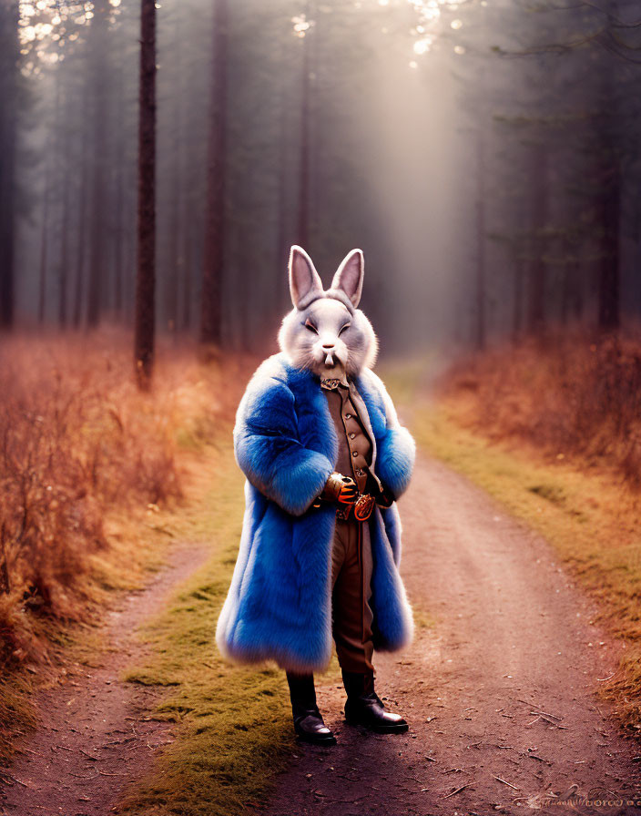 Blue Fur Coat Rabbit-Headed Figure in Misty Forest Path