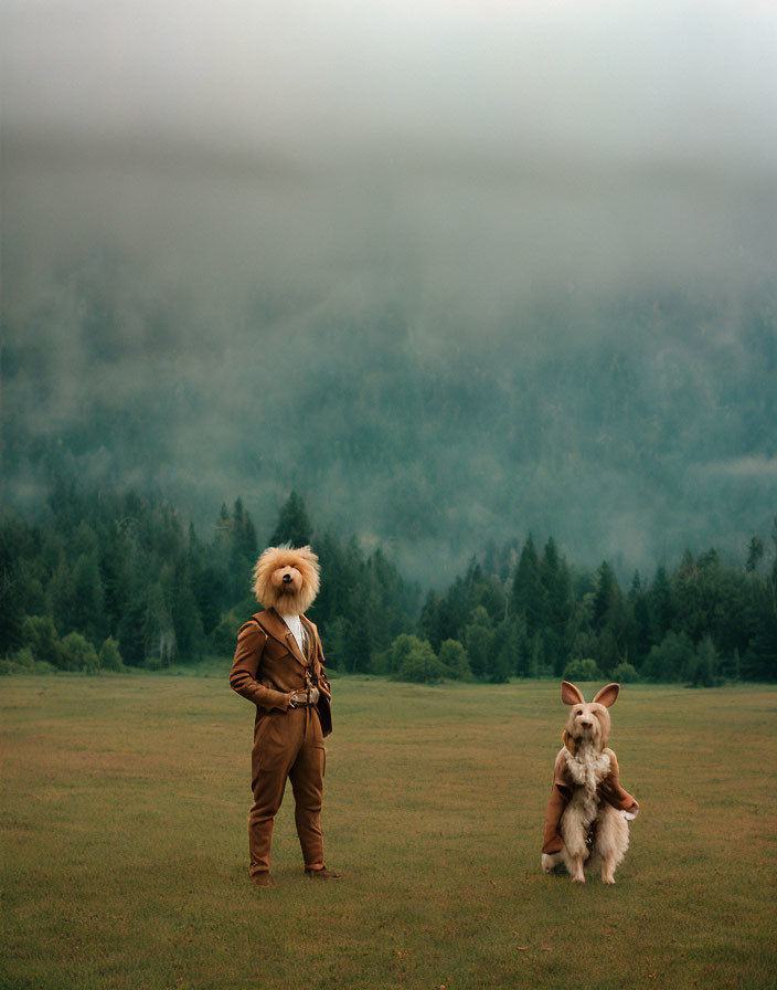 Person and dog in field with foggy woods, matching furry hoods.