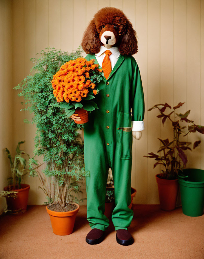 Person in Dog Costume Holding Potted Plant Among Green Plants