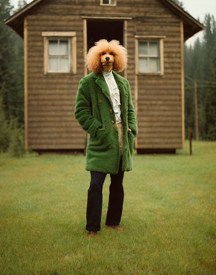 Person in Green Coat and Black Pants Standing by Wooden House with Dog's Head