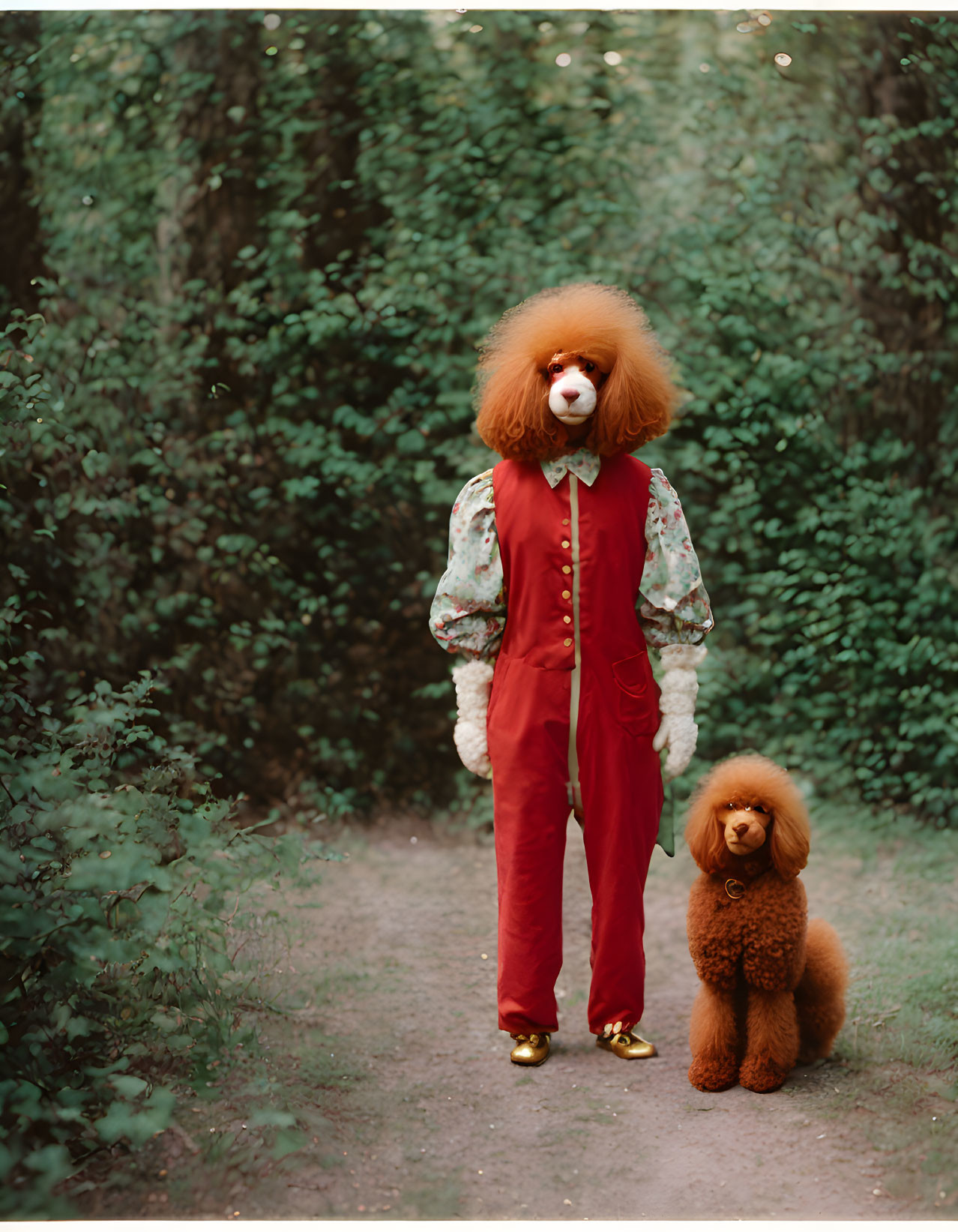 Clown person in poodle mask with matching poodle in forest setting