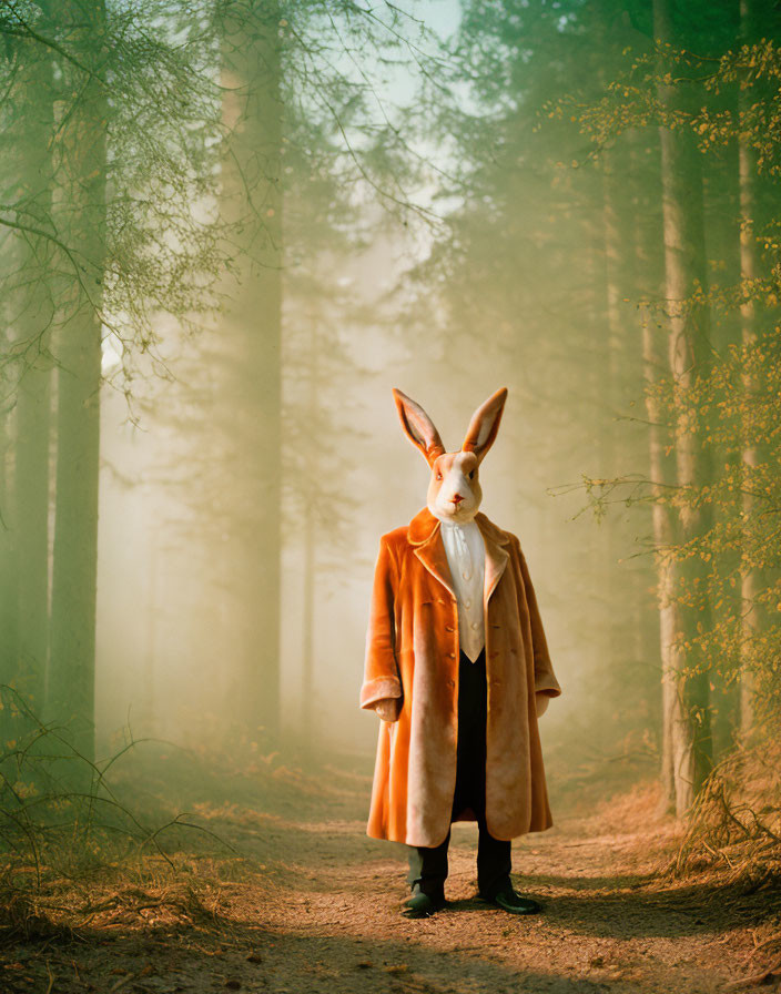 Person in elegant coat and rabbit mask on foggy forest path with tall sunlit trees