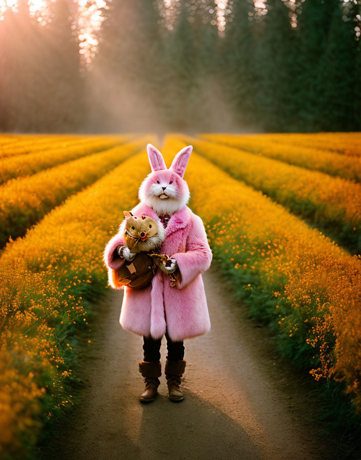 Rabbit costume person with plush toy in flower path forest scene