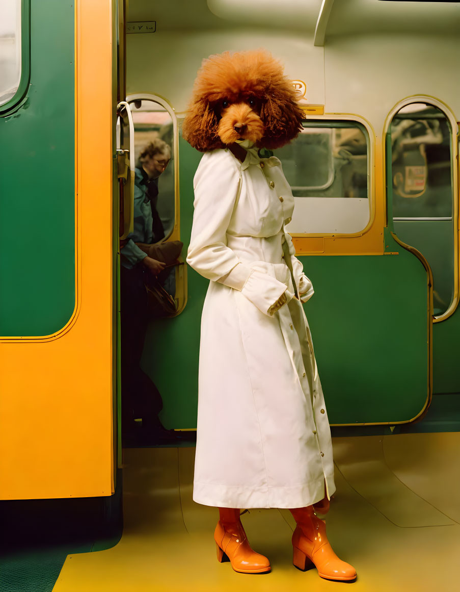 Human with Dog's Head in Trench Coat & Orange Boots on Train Platform