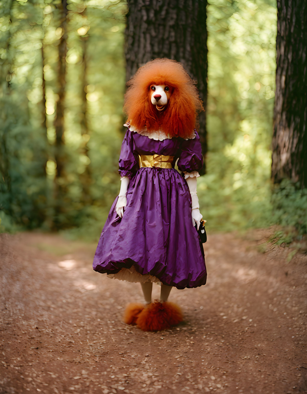 Clown costume with red hair and purple dress in forest setting