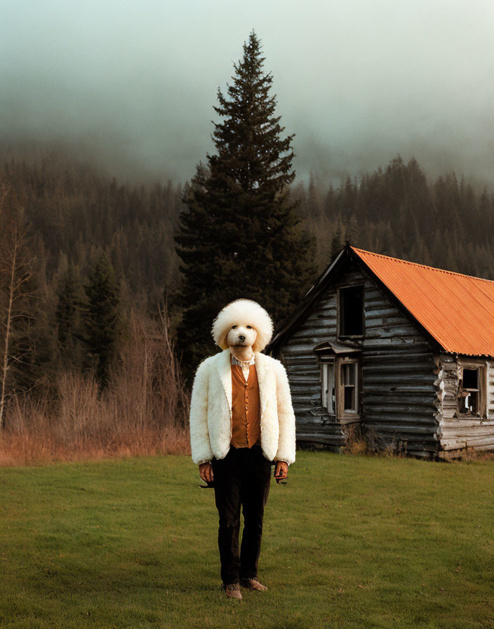 Person in furry white coat with dog's head mask in front of rustic cabin in misty woodland.