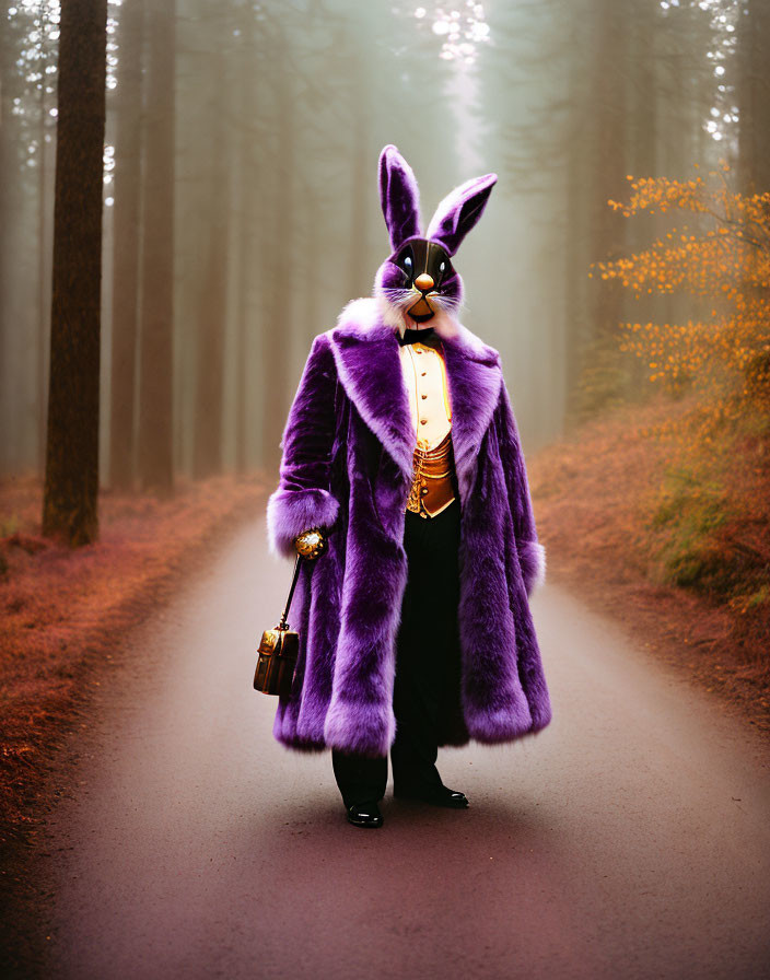 Purple Rabbit Costume Character in Foggy Forest with Briefcase