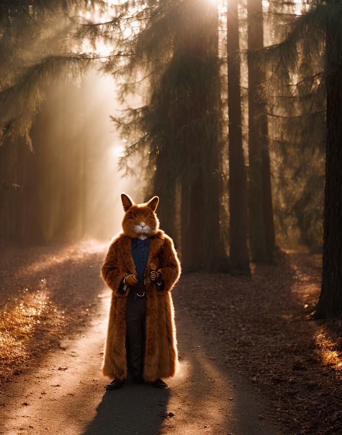 Anthropomorphic fox in forest setting with sunlight rays.