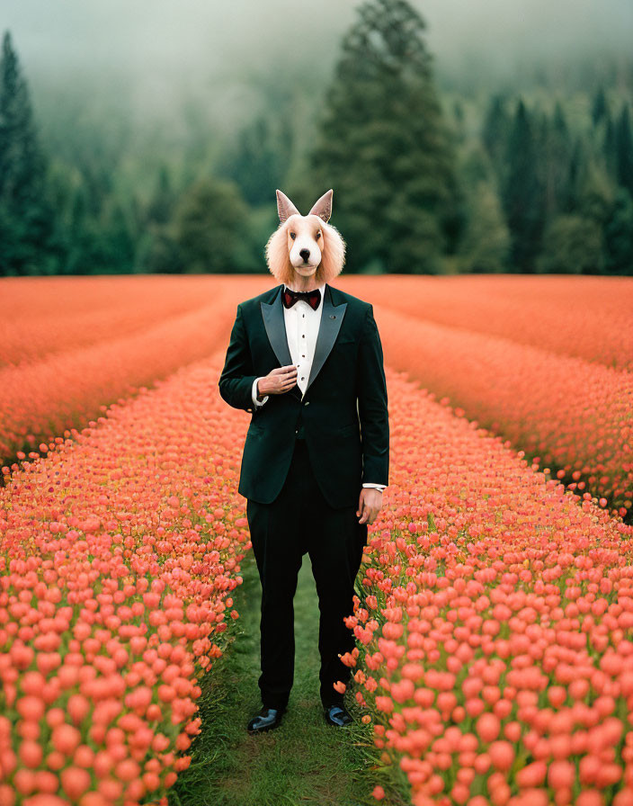 Person in Black Tuxedo with Dog Mask in Red Tulip Field