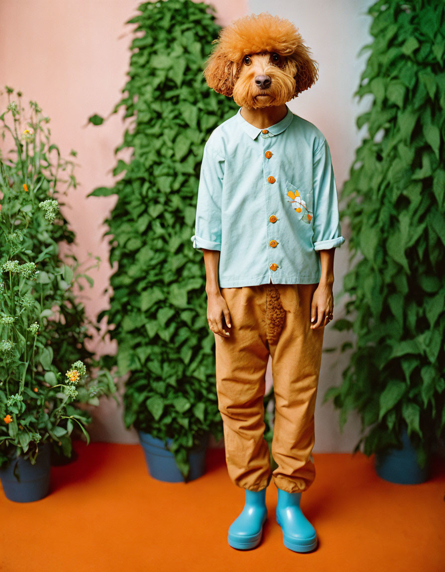 Dog's head on human body in mint shirt, brown pants, blue boots - potted plants,