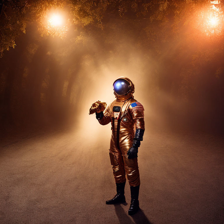 Gold space suit astronaut on foggy path with trees and glowing lights