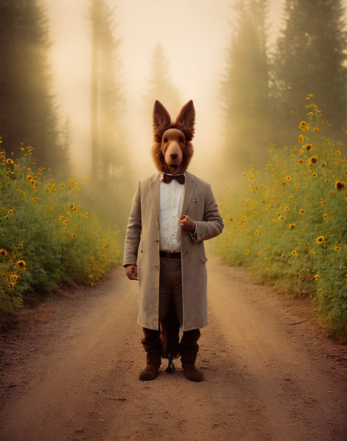 Person in Grey Suit and Bow Tie with Oversized Animal Head on Foggy Forest Road with Yellow Flowers